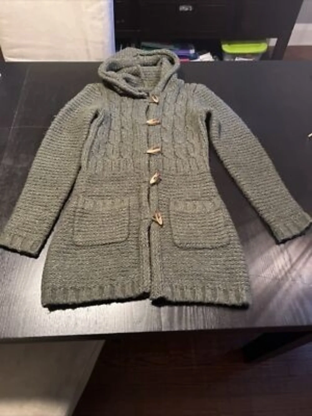 vintage BCBGMAXAZRIA Chunky Hooded Knit Cardigan Sweater - Olive Green